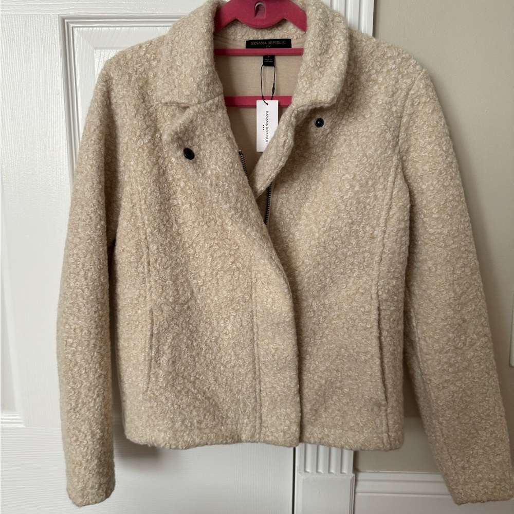 Banana Republic Petite S Sherling Lambs Wool Short Moto Jacket Beige NWT !120